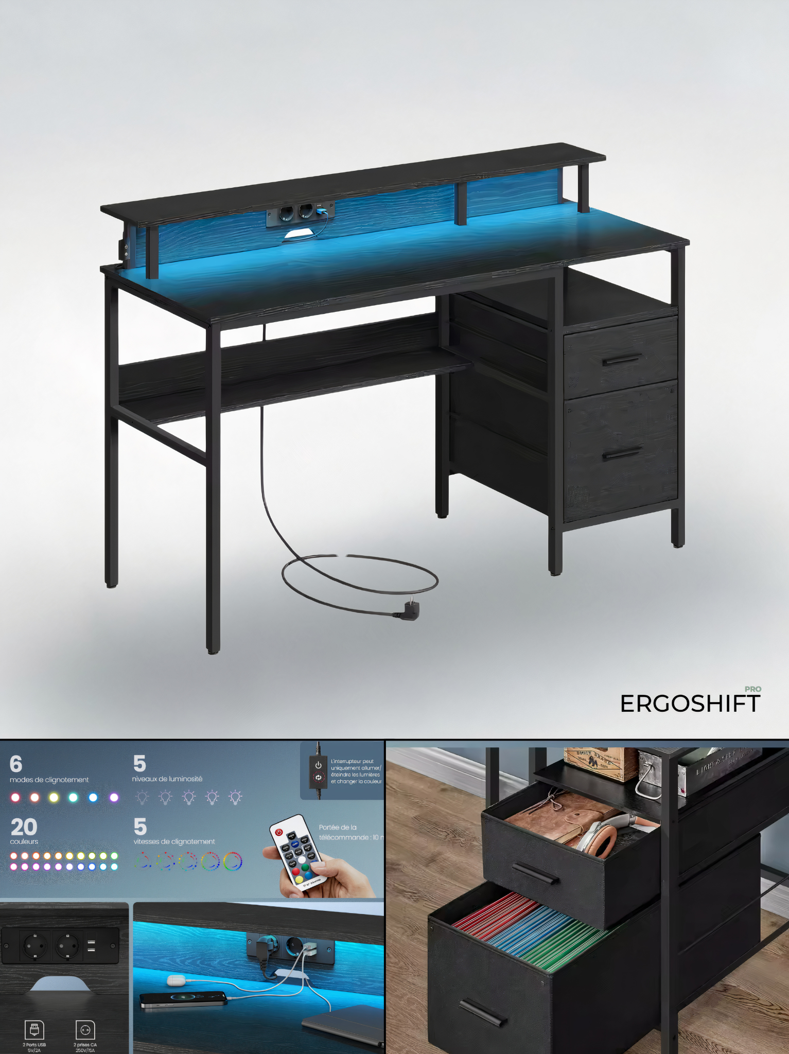 ErgoX Lite - Bureau Gamer avec LED, Prises électriques intégrées