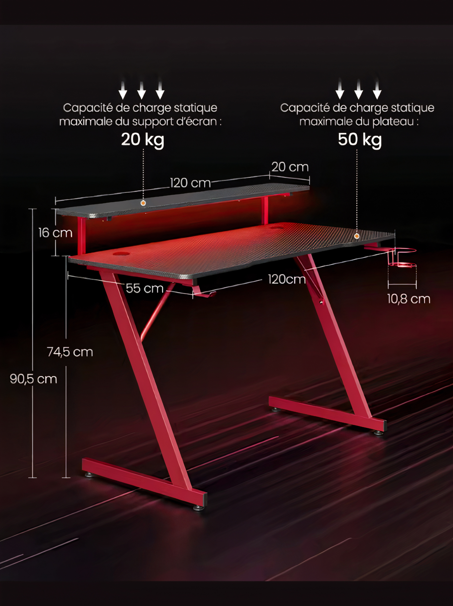 ErgoX Nova – Bureau Gamer LED, Porte-Gobelet & Crochet Casque