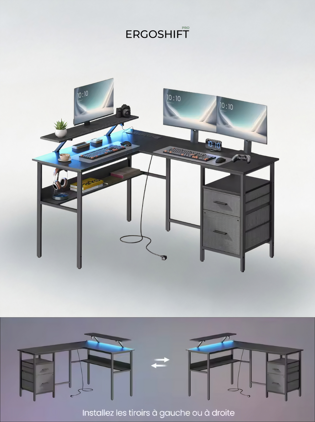 ErgoX Pulse – Bureau gaming d’Angle à LED - Ports USB & multiprise intégrés