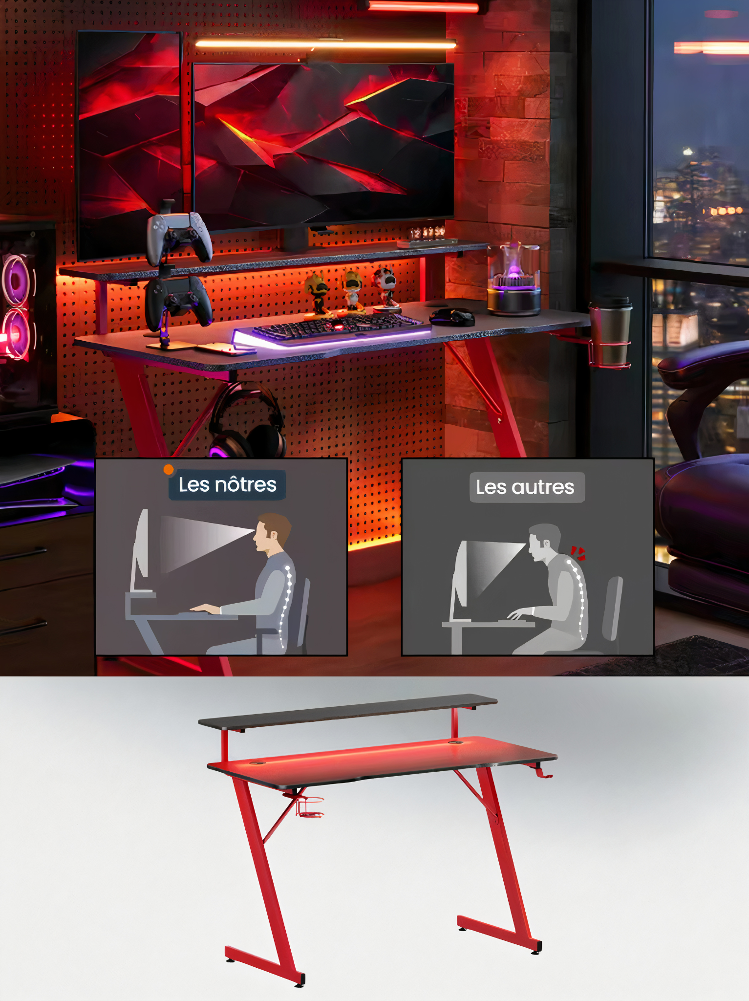 ErgoX Nova – Bureau Gamer LED, Porte-Gobelet & Crochet Casque