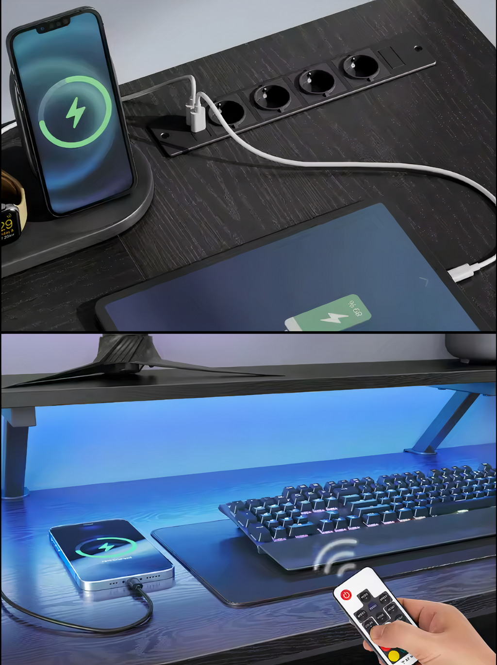 ErgoX Pulse – Bureau gaming d’Angle à LED - Ports USB & multiprise intégrés