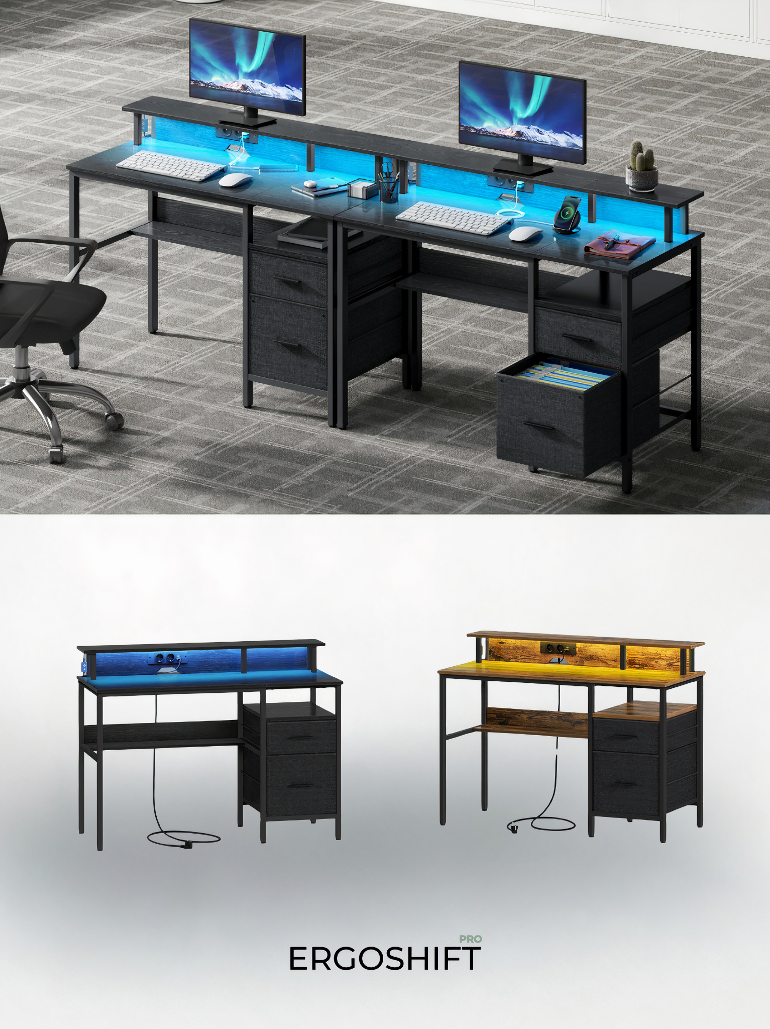 ErgoX Lite - Bureau Gamer avec LED, Prises électriques intégrées