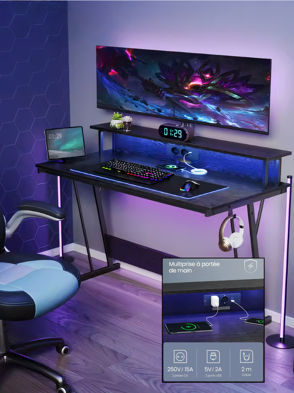 ErgoX One - Bureau Gamer LED & Multiprise intégrées