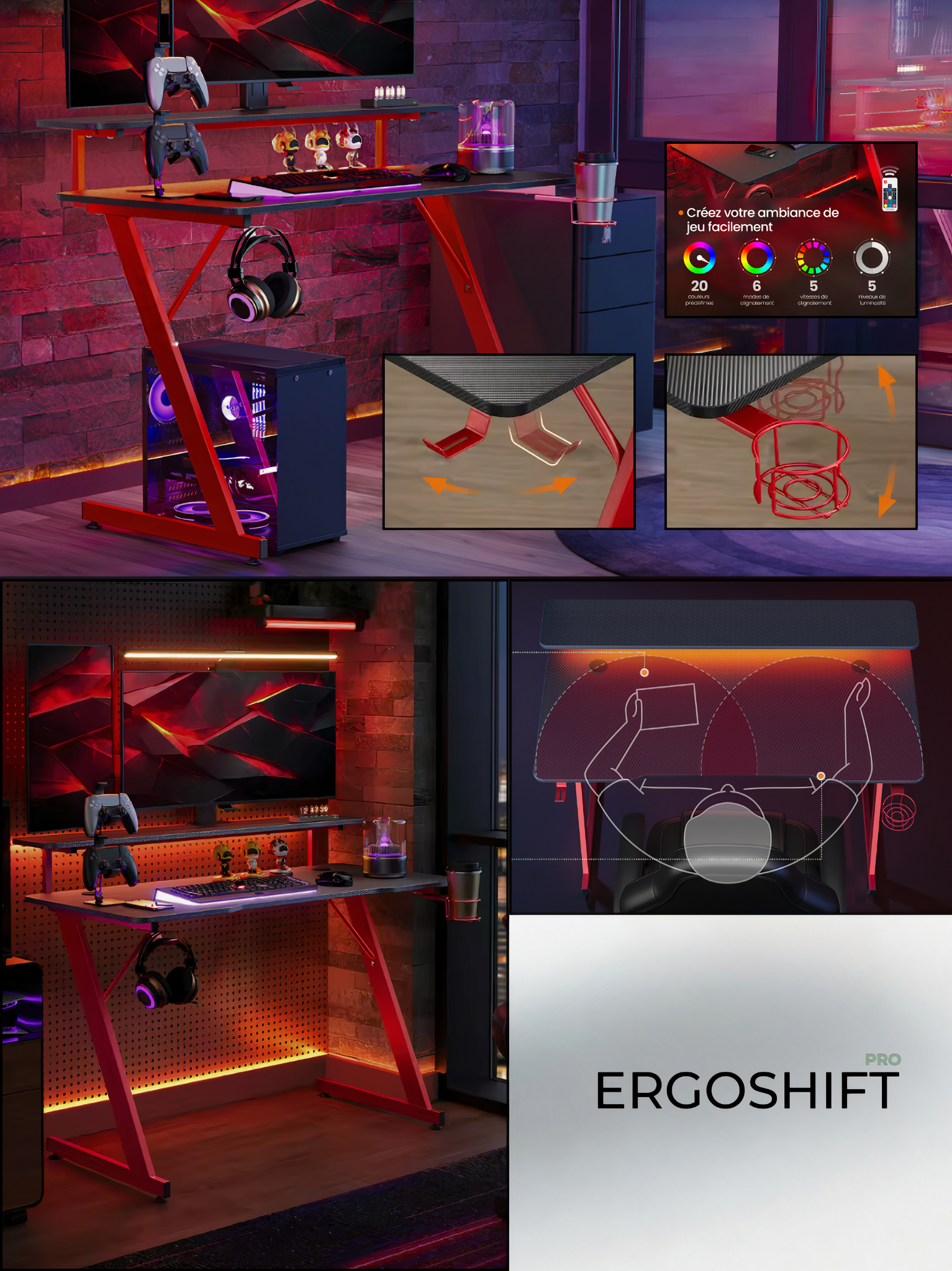 ErgoX Nova – Bureau Gamer LED, Porte-Gobelet & Crochet Casque