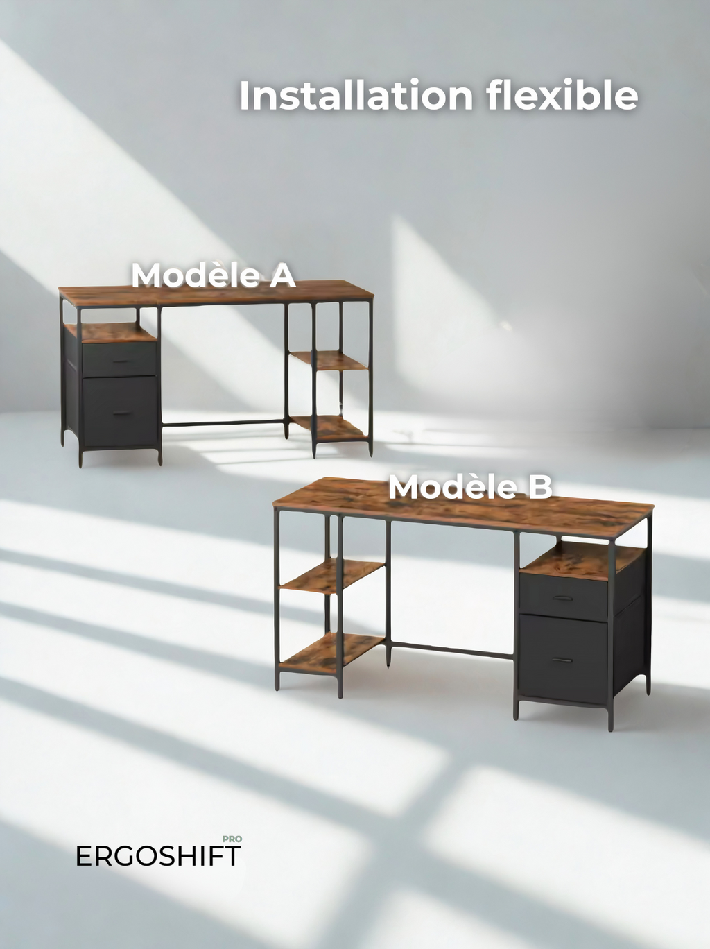 ErgoFlow Rustic - Bureau d’Ordinateur 140 cm avec Rangement - Style Industriel