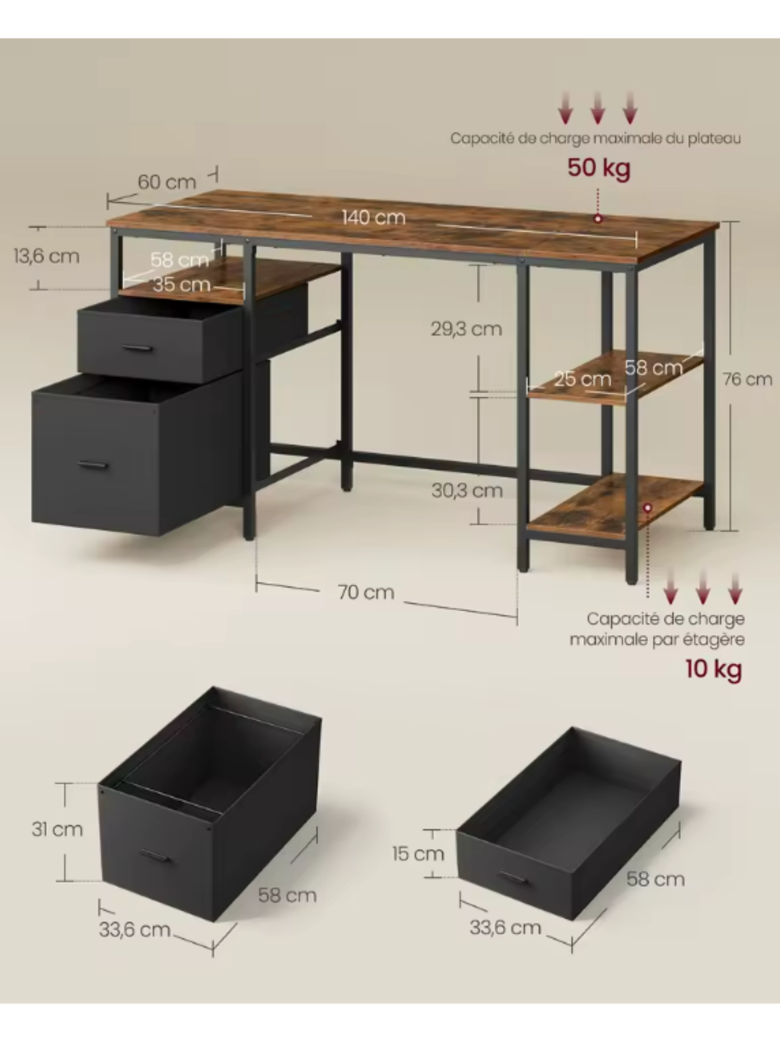 ErgoFlow Rustic - Bureau d’Ordinateur 140 cm avec Rangement - Style Industriel