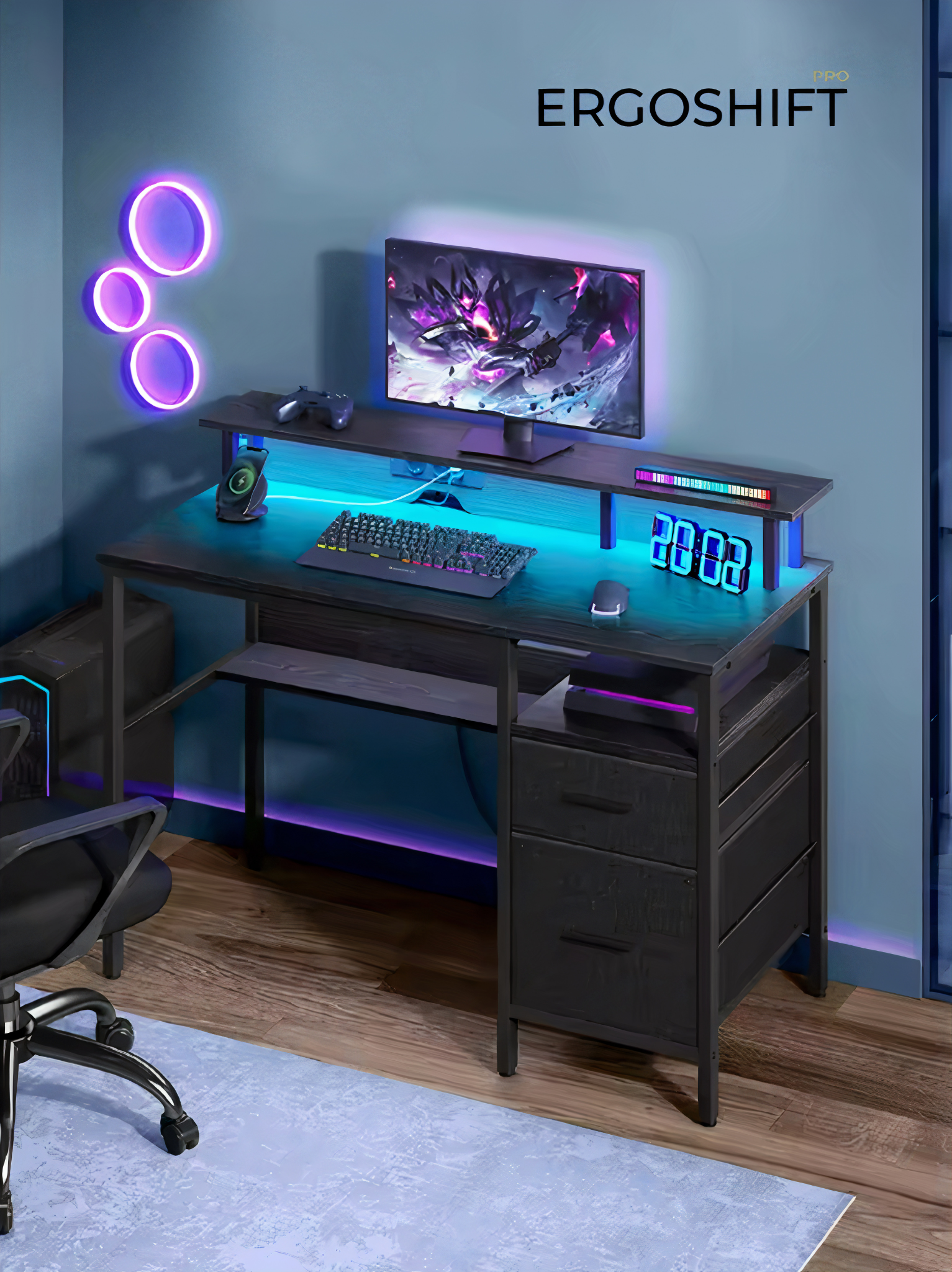 ErgoX Lite - Bureau Gamer avec LED, Prises électriques intégrées