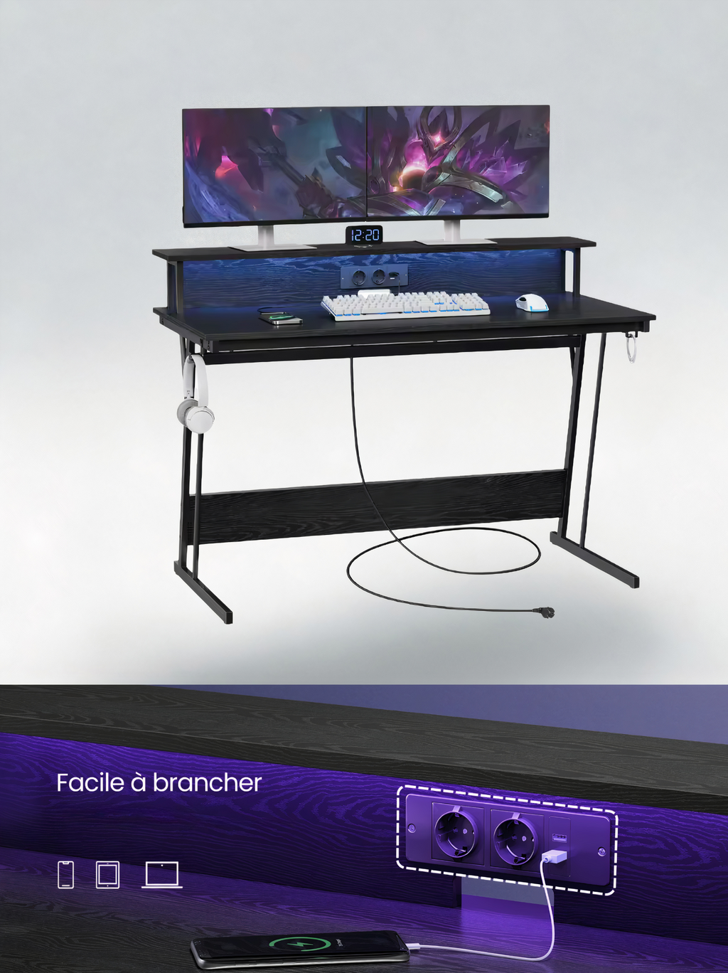 ErgoX One - Bureau Gamer LED & Multiprise intégrées