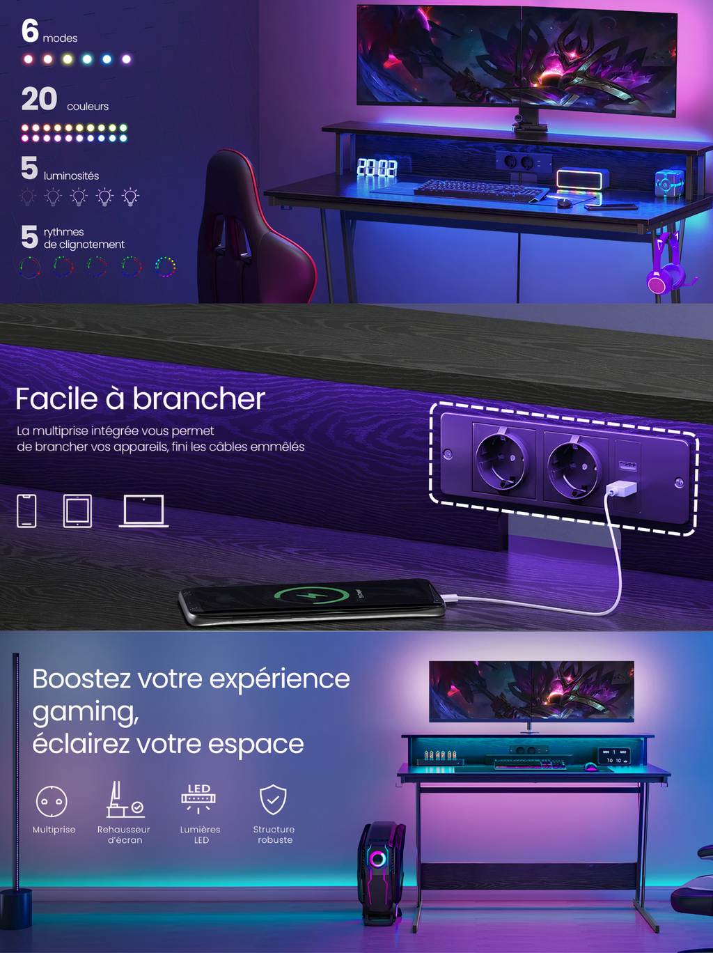 ErgoX One - Bureau Gamer LED & Multiprise intégrées