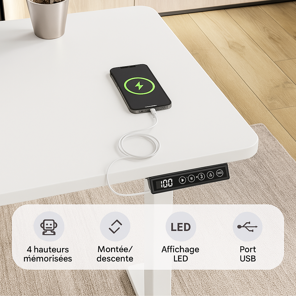 Bureau assis debout électrique - 140 cm x 60 cm – Productivité ErgoFlow Rise