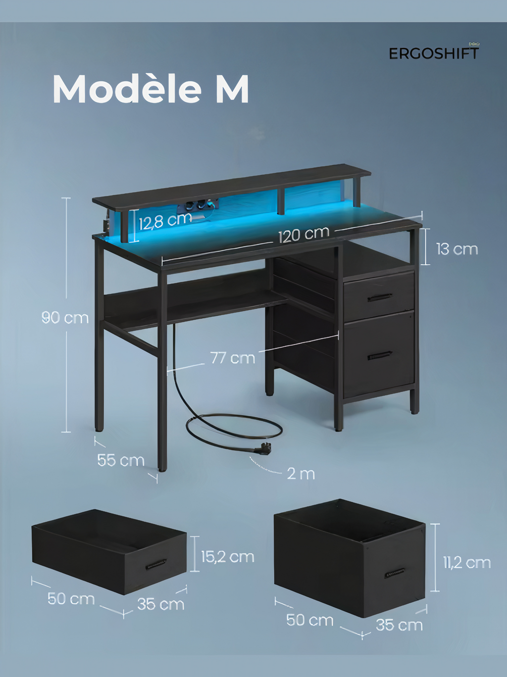 ErgoX Lite - Bureau Gamer avec LED, Prises électriques intégrées