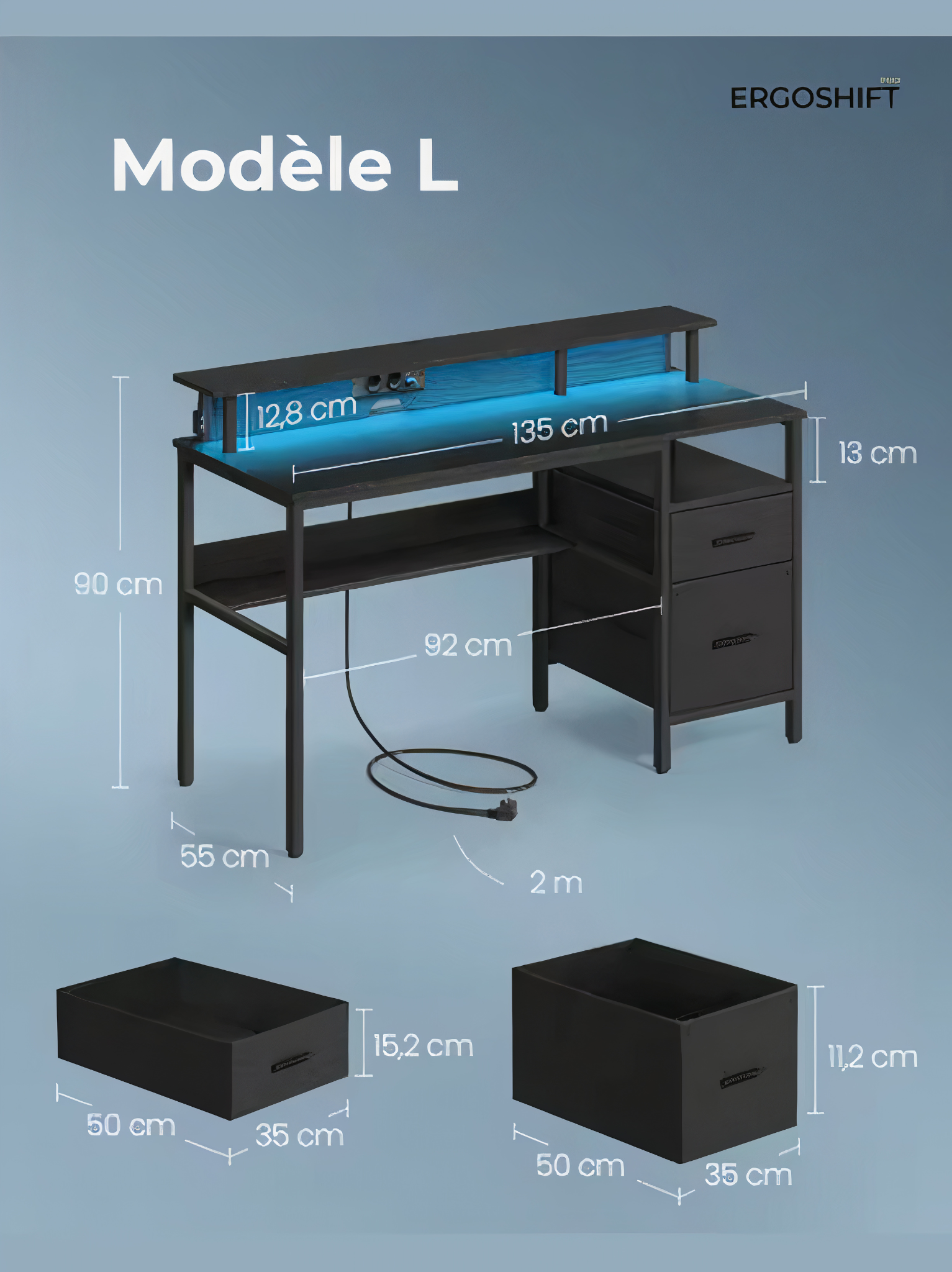 ErgoX Lite - Bureau Gamer avec LED, Prises électriques intégrées