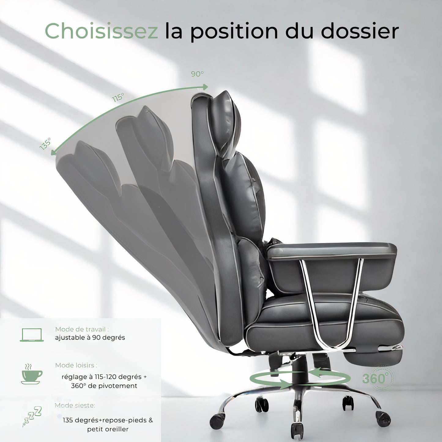 Fauteuil de Bureau Haut de Gamme avec Repose-Pieds - Ergoluxe Plus
