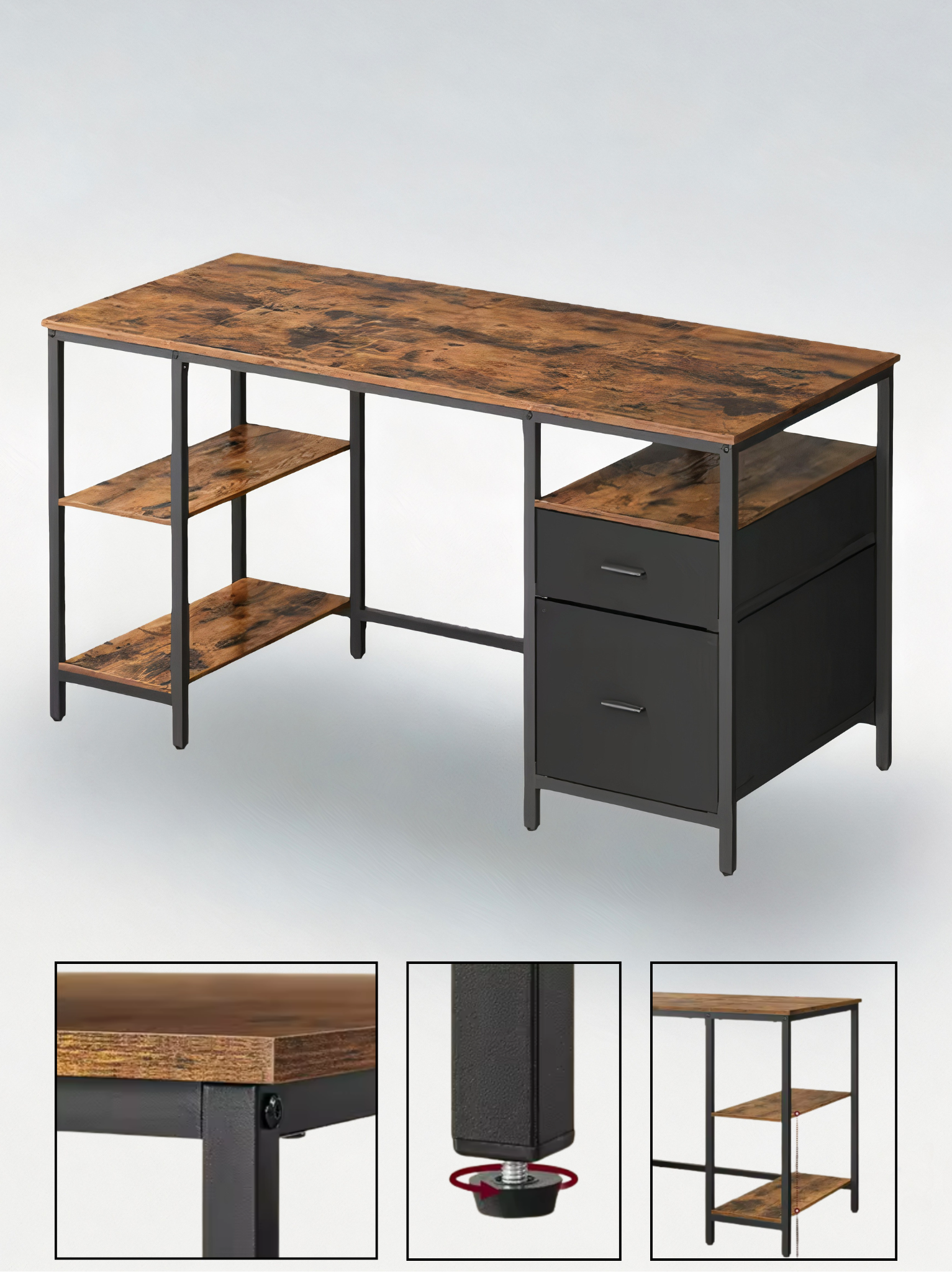 ErgoFlow Rustic - Bureau d’Ordinateur 140 cm avec Rangement - Style Industriel