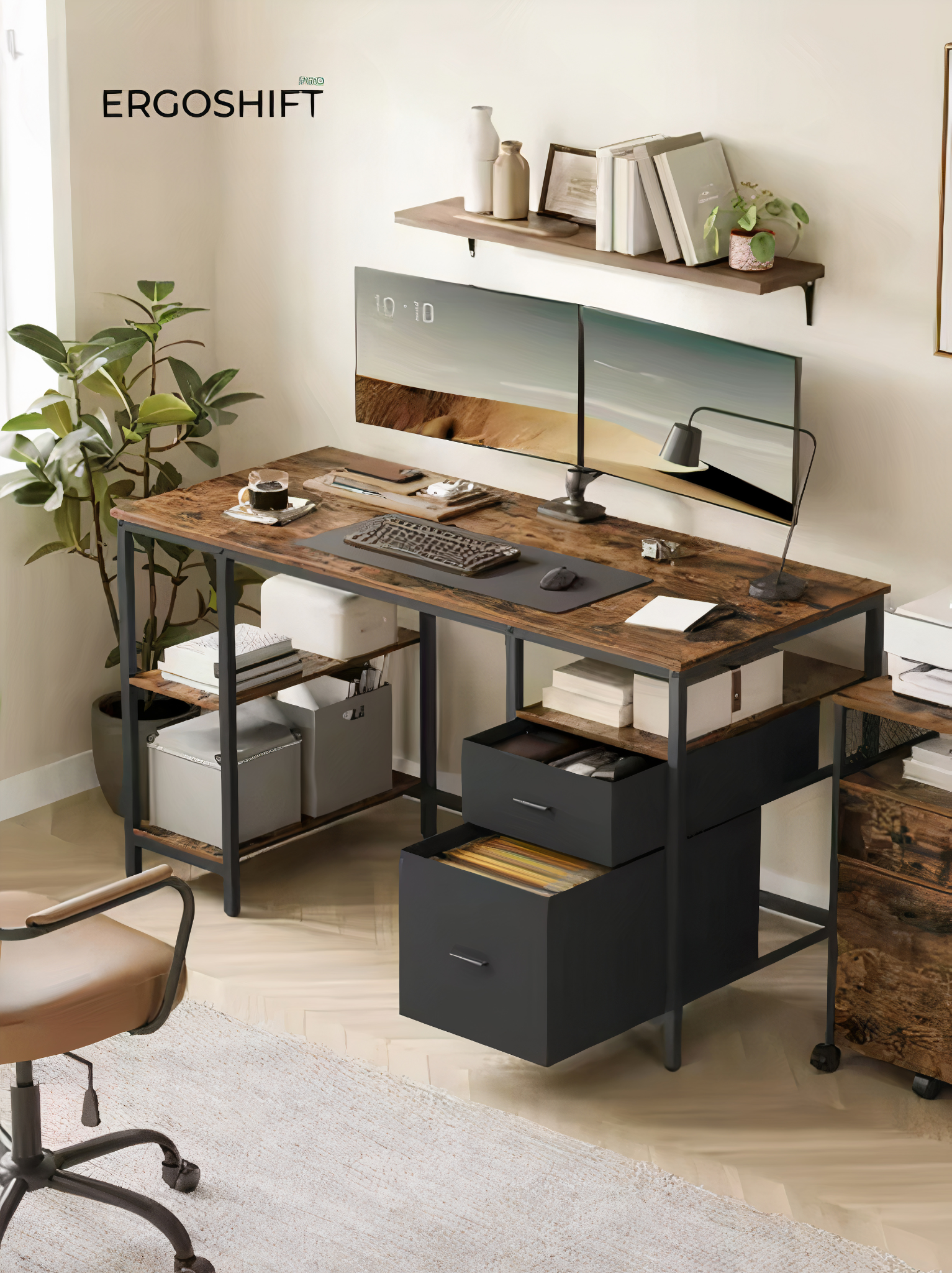 ErgoFlow Rustic - Bureau d’Ordinateur 140 cm avec Rangement - Style Industriel
